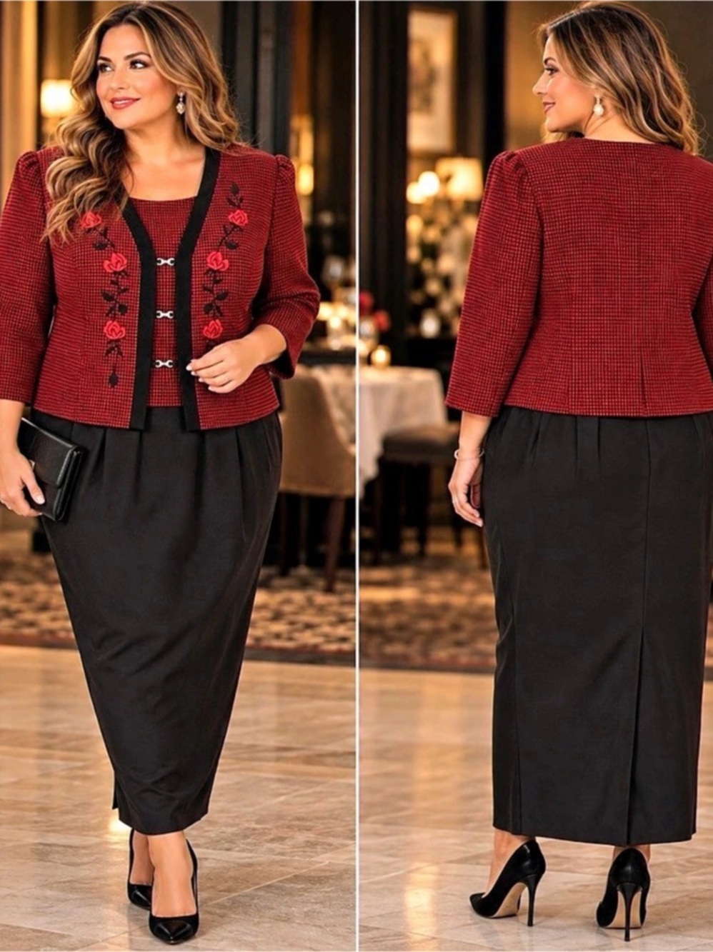 Lady Dorby Dr Vintage Red and Black Rose Embroidered Dress W/attached jacket 24W